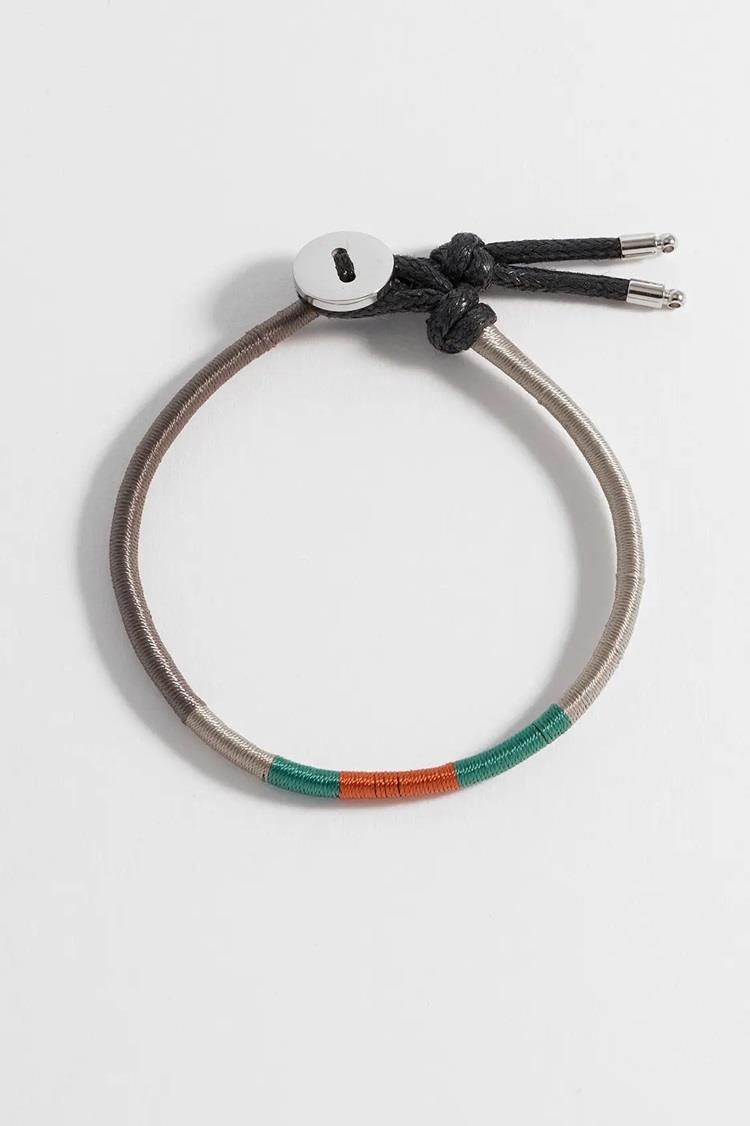 Woven Thread Wrap & Stainless Steel Bracelet - Grey, Green & Orange - Gift Boxed - Bartlett For Men