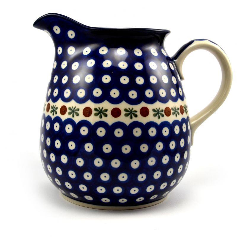 Flower/Water/Milk Jug - Flower Tendril/Blue With Red & White Spots - 1.5 Litre - 0077-0070X - Polish Pottery