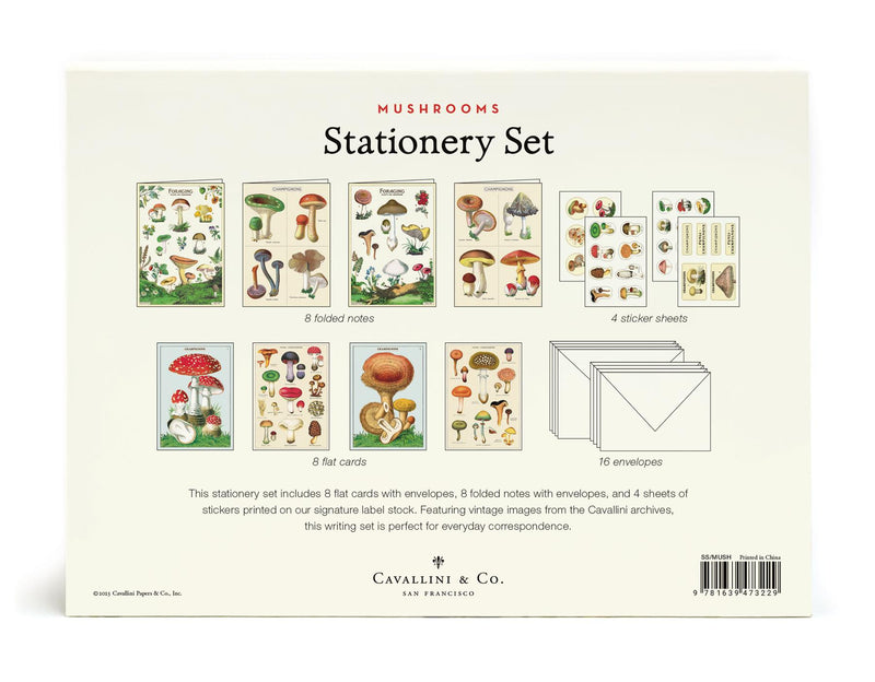 Cavallini - Mushrooms/Champignons Stationery Set -  8 Flat Cards, 8 Folded Cards, 16 Envelopes & 4 Sticker Sheets