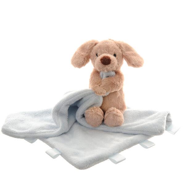 Puppy Dog Velour Plush Comforter Blanket - Light Blue & Brown - Suitable From Birth - Ziggle