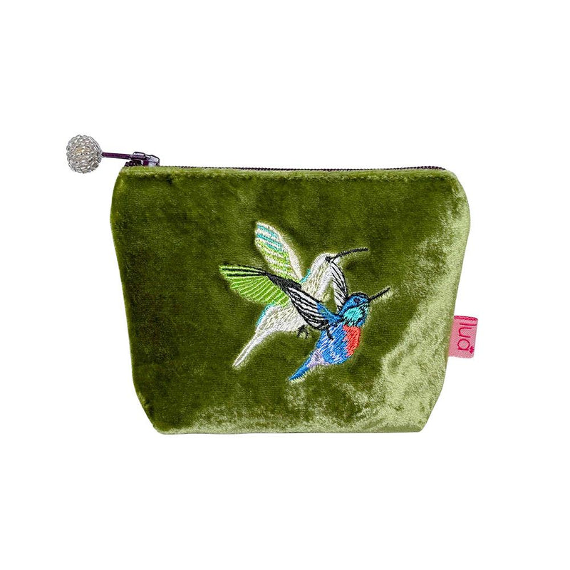 Lua - Velvet Mini Coin Purse  9 x 11cms - Hummingbirds - Olive Green