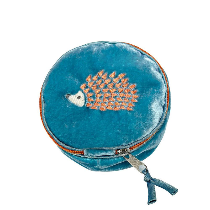 Lua - Round Velvet Jewellery Pouch - Hedgehog - Blue/Grey & Orange - 11x11x5.5cms