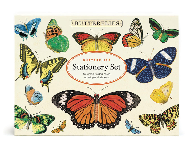 Cavallini - Butterflies/Papillons Stationery Set -  8 Flat Cards, 8 Folded Cards, 16 Envelopes & 4 Sticker Sheets