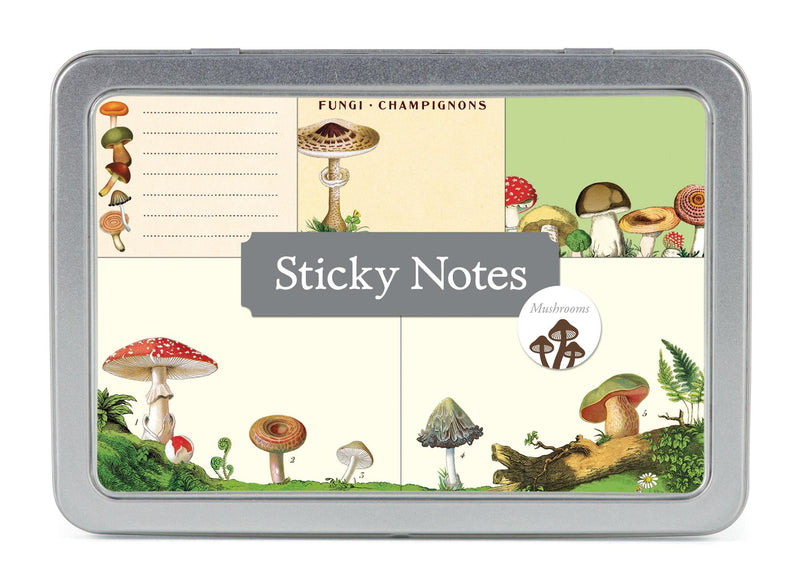 Cavallini - Tin of Sticky Notes/Memos - Mushrooms - 5 Note Pads/60 sheets per pad