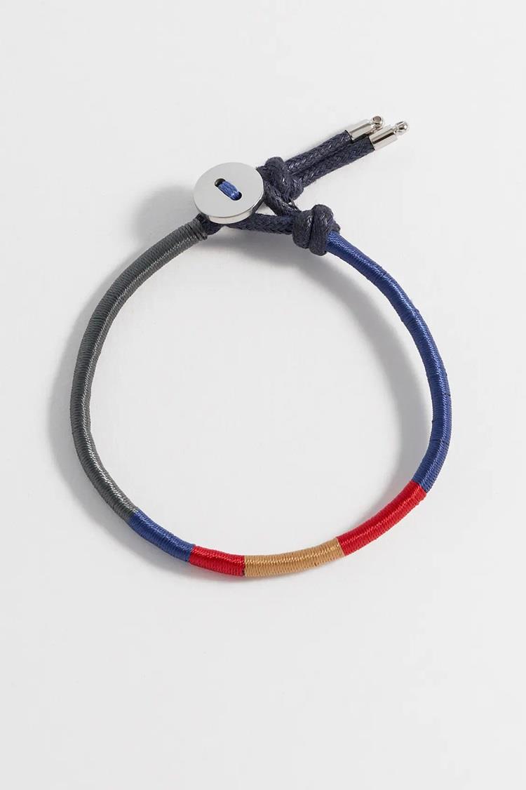 Woven Thread Wrap & Stainless Steel Bracelet - Navy Blue, Red & Mustard - Gift Boxed - Bartlett For Men