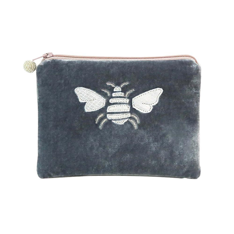 Lua - Velvet Coin Purse With Appliqued Bee 11 x 16cms - Grey