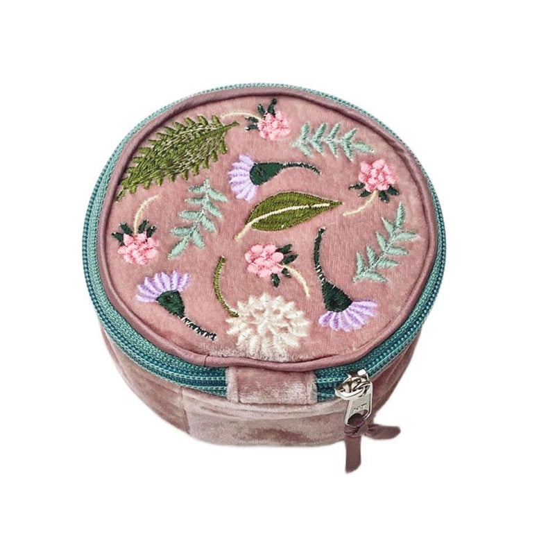 Lua - Round Velvet Jewellery Pouch - Folk Garden Flowers - Dusky Pink - 11x11x5.5cms