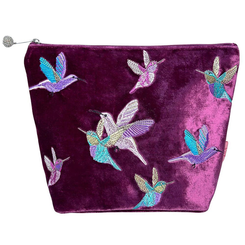 Lua - Large Velvet Cosmetic Make Up Bag/Purse - Hummingbirds - 19 x 24cms - Plum/Magenta/Purple