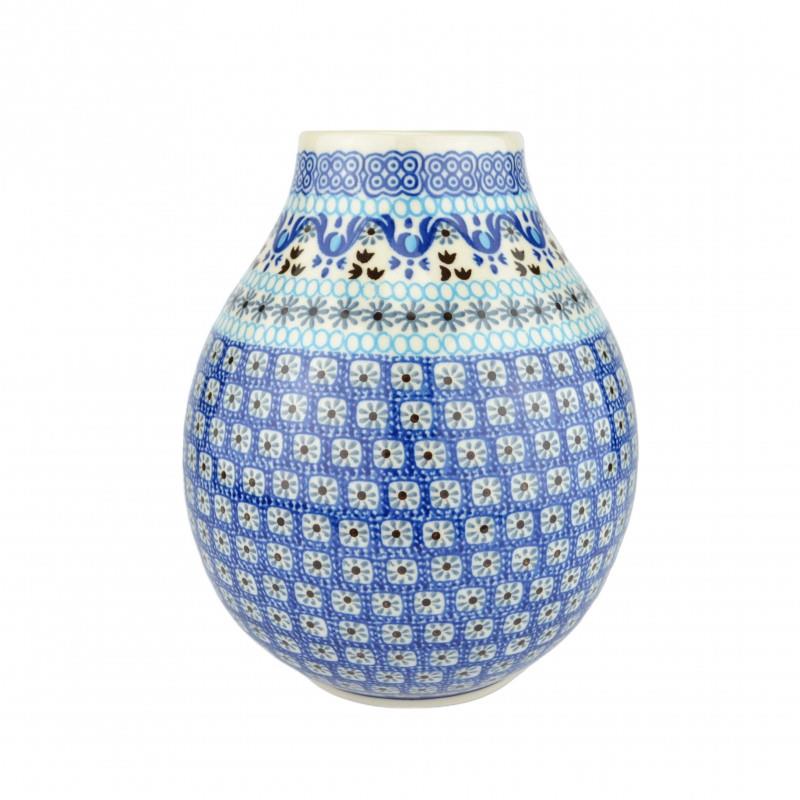 Flower Vase - Blue Squares & Flowers - 19.5cms - F15-1026 - Polish Pottery