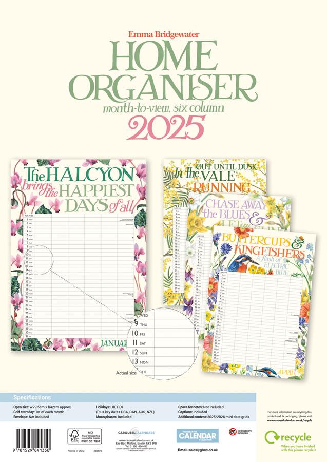 Emma Bridgewater - 2025 Family Wall Calendar - Month To View/6 Columns - Roses