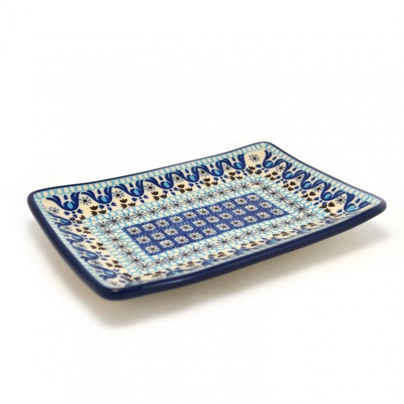 Sushi Platter - Blue Squares & Flowers - 21.5x14.5cms - C21-1026X - Polish Pottery