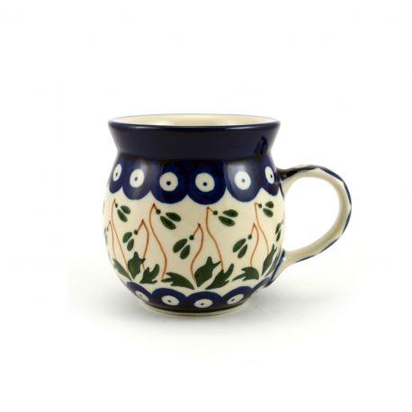 Small Round Mug - Blue Dots With Green Mistletoe - 240ml - 0005-0377BX - Polish Pottery