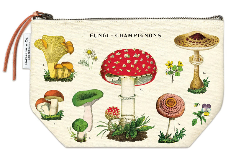 Cavallini - 100% Natural Cotton Vintage Pouch Bag - 15x22cms - Mushrooms/Funghi/Champignons