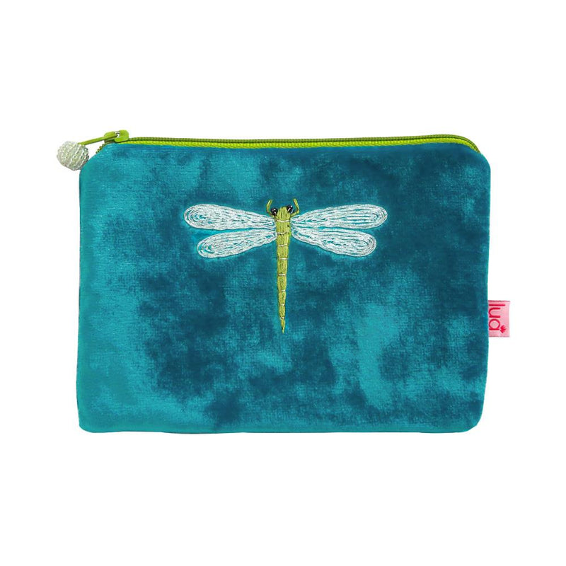 Lua - Velvet Coin Purse With Embroidered Dragonfly - 11 x 16cms - Aqua Blue