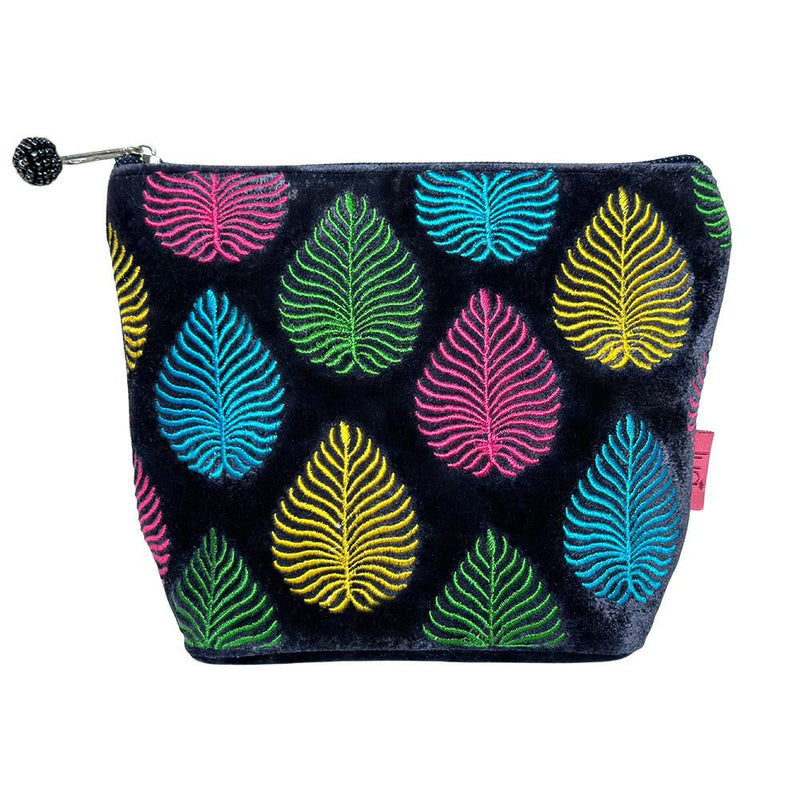 Lua - Velvet Cosmetic Make Up Bag/Purse - Embroidered Leaf - 18 x 14cms - Navy Blue/Multi-Coloured Leaves
