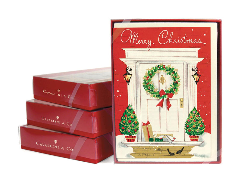 Cavallini - 10 x Glitter Greetings Christmas Cards/Notes - Christmas Doorway & Wreath