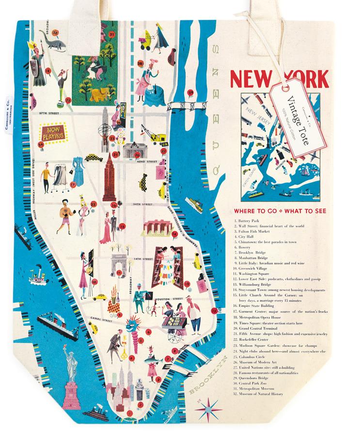 Cavallini - 100% Natural Cotton Vintage Tote Bag - 33x40.5cms - Map of New York City