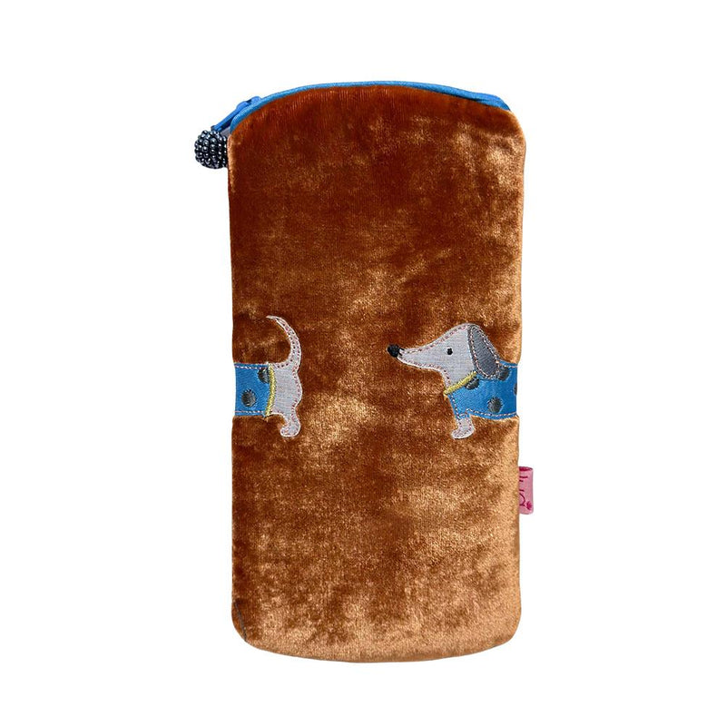 Lua - Velvet Spectacle/Glasses Case - Appliqued Sausage Dog - 9.5 x 19cms - Orange/Blue Dog