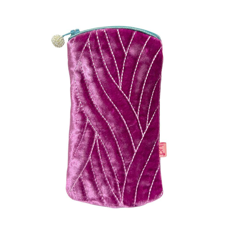 Lua - Velvet Spectacle/Glasses Case - Quilted Stitch - 9.5 x 19.5cms - Mulberry Pink/Turquoise Zip