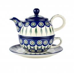 Tea Pot/Cup/Saucer - Tea Set For One - Green, Red & White Spots - Peacock - C01-0054AX - Polish Pottery