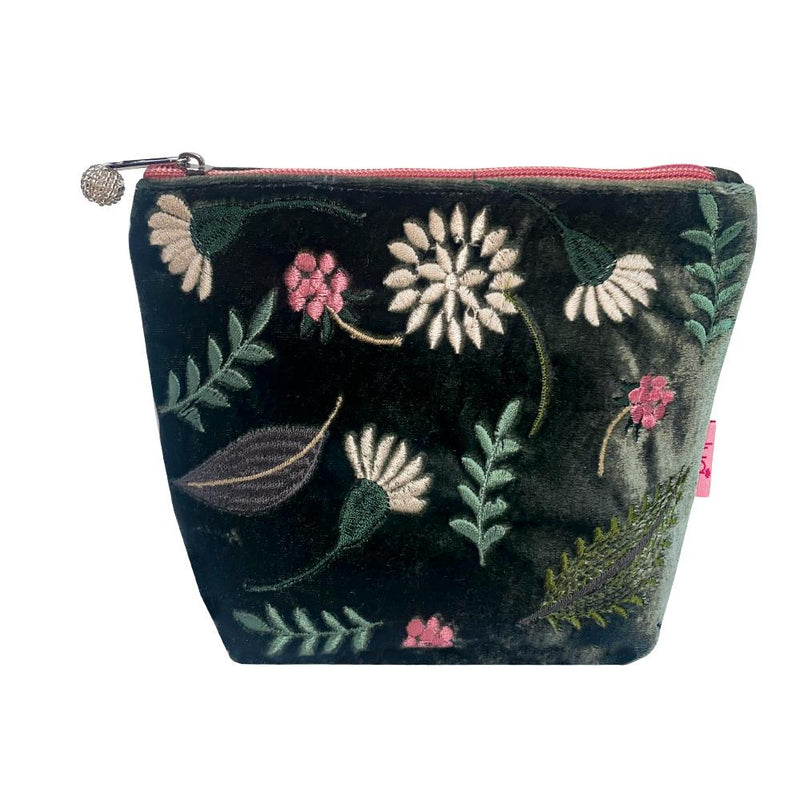 Lua - Velvet Cosmetic Make Up Bag/Purse - Folk Garden - 18 x 14cms - Dark Sage Green