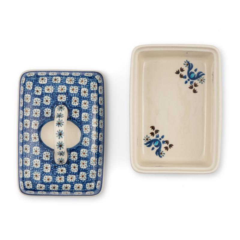 Butter Box - Blue Squares & Flowers - 0010-1026 - 10x14x9.5cms - Polish Pottery