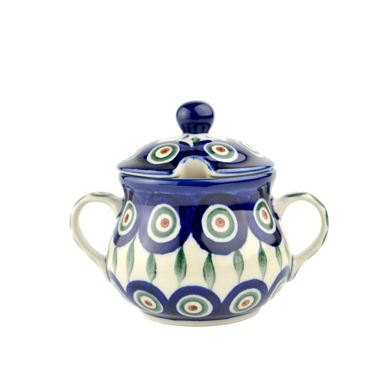 Sugar Bowl With Lid - Green, Red & White Spots - Peacock - 9x12x8.5cms - 0035-0054X - Polish Pottery