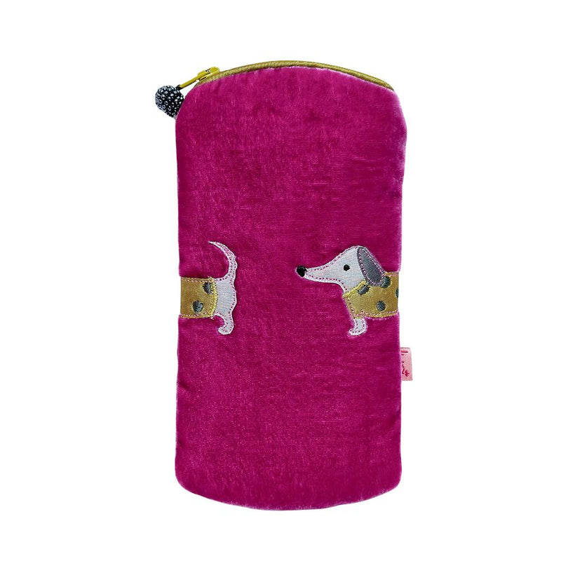 Lua - Velvet Spectacle/Glasses Case - Appliqued Sausage Dog - 9.5 x 19cms - Pink/Yellow Dog