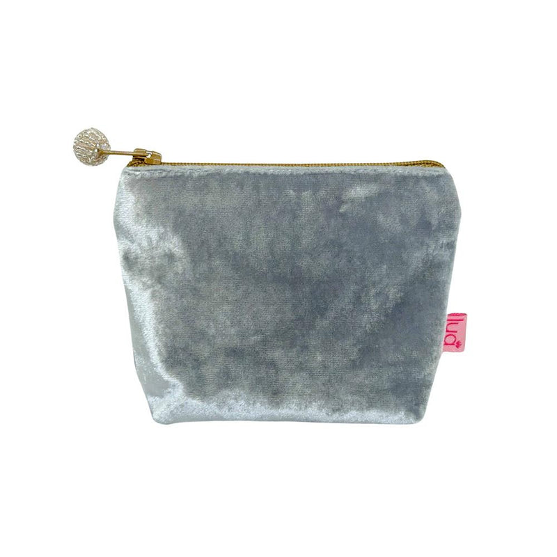 Lua - Velvet Mini Coin Purse  9 x 11cms - Pale Grey/Yellow Zip