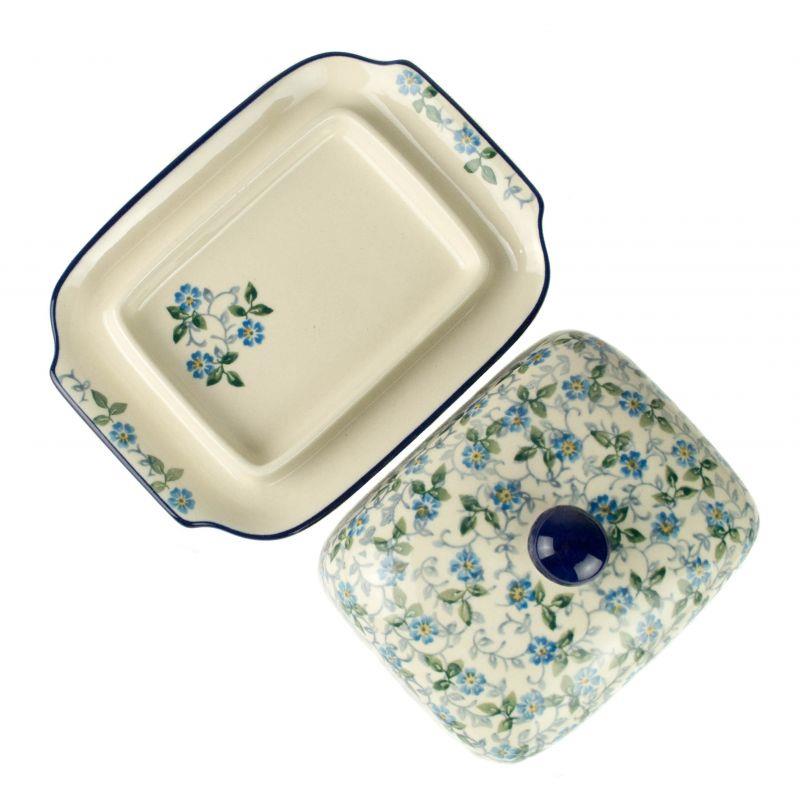 Butter Dish - Periwinkle/Blue & Yellow Flowers - 0295-2089X - 9 x 17 x 13cms - Polish Pottery
