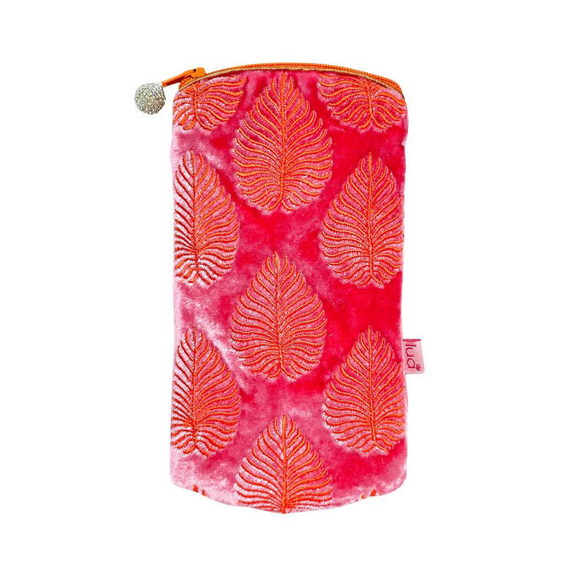Lua - Velvet Spectacle/Glasses Case - Embroidered Leaf - 9.5 x 19cms - Flamingo Pink/Orange Leaves