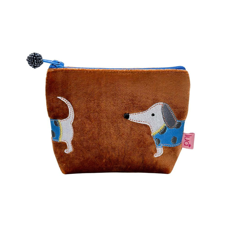 Lua - Velvet Mini Coin Purse  9 x 11cms - Appliqued Sausage Dog - Orange/Blue Dog