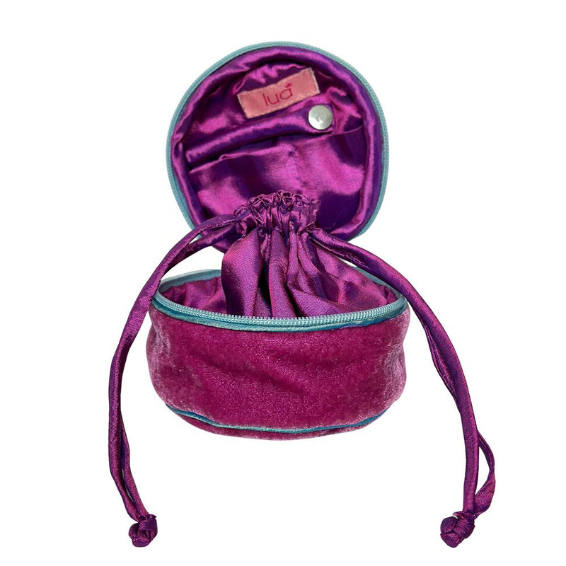 Lua - Round Velvet Jewellery Pouch - Hedgehog - Mulberry & Light Pink - 11x11x5.5cms