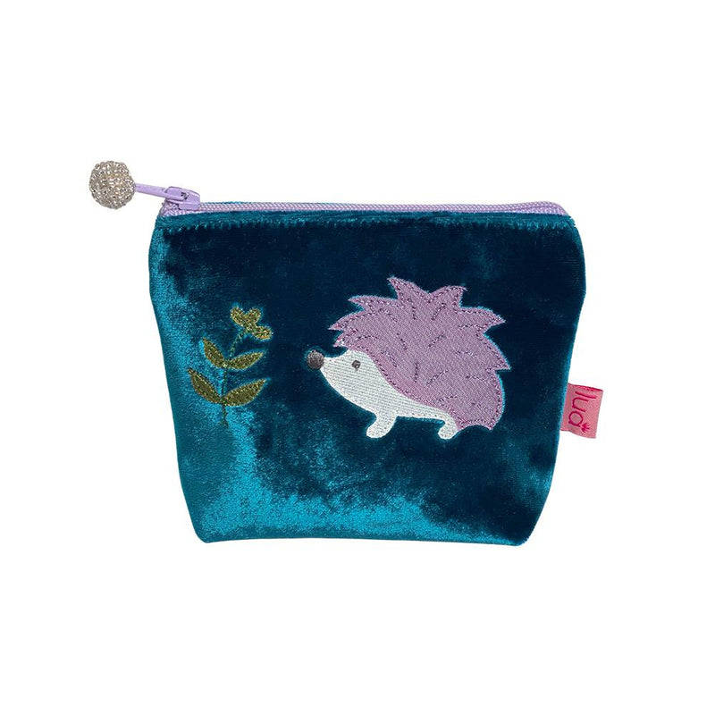 Lua - Velvet Mini Coin Purse  9 x 11cms - Appliqued Hedgehog - Dark Turquoise Blue/Lilac Zip