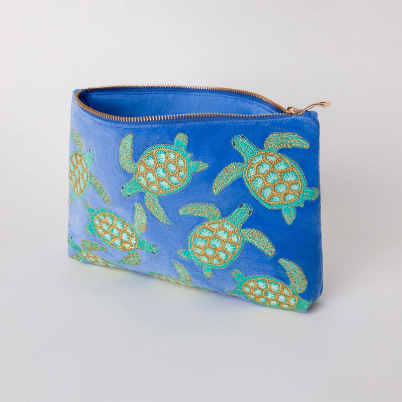 Elizabeth Scarlett - Velvet Everyday Pouch/Clutch - Turtle Conservation - 20 x 30cms - Carribean Blue