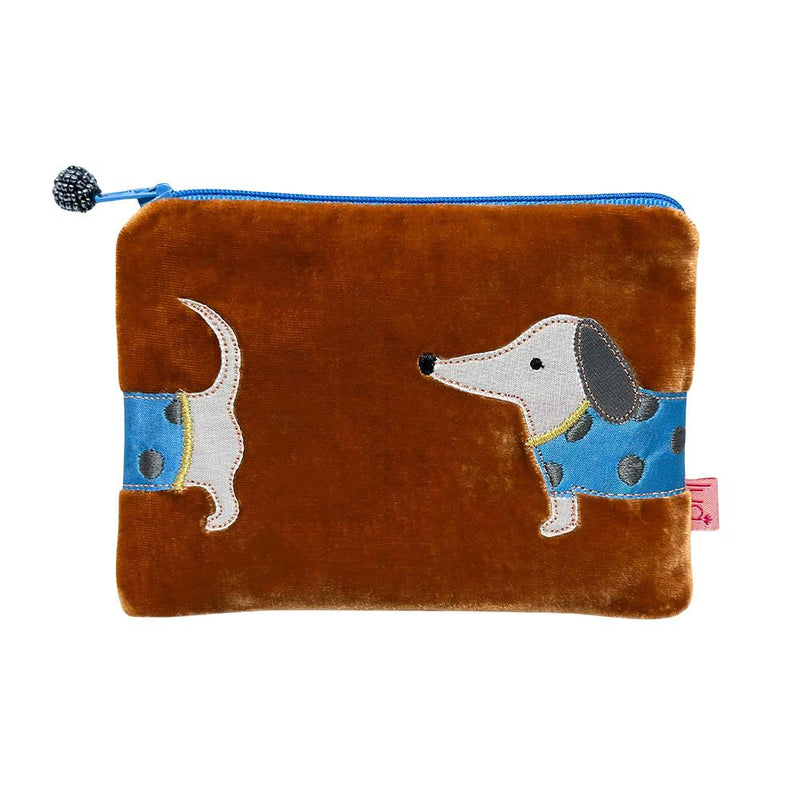 Lua - Velvet Coin Purse - Sausage Dog - Appliqued - 11 x 16cms - Orange/Blue Dog