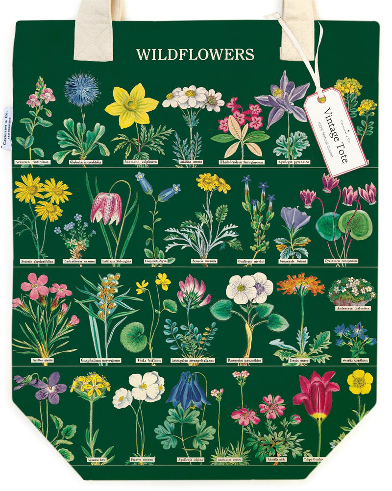 Cavallini - 100% Natural Cotton Vintage Tote Bag - 33x40.5cms - Wildflowers (Dark Green)