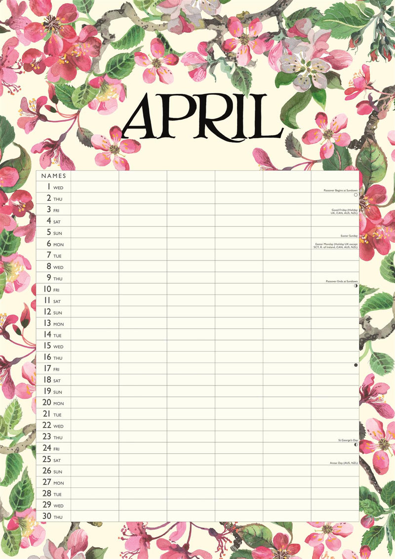 Emma Bridgewater - 2026 Family Wall Calendar - Month To View/6 Columns - Garden Flowers