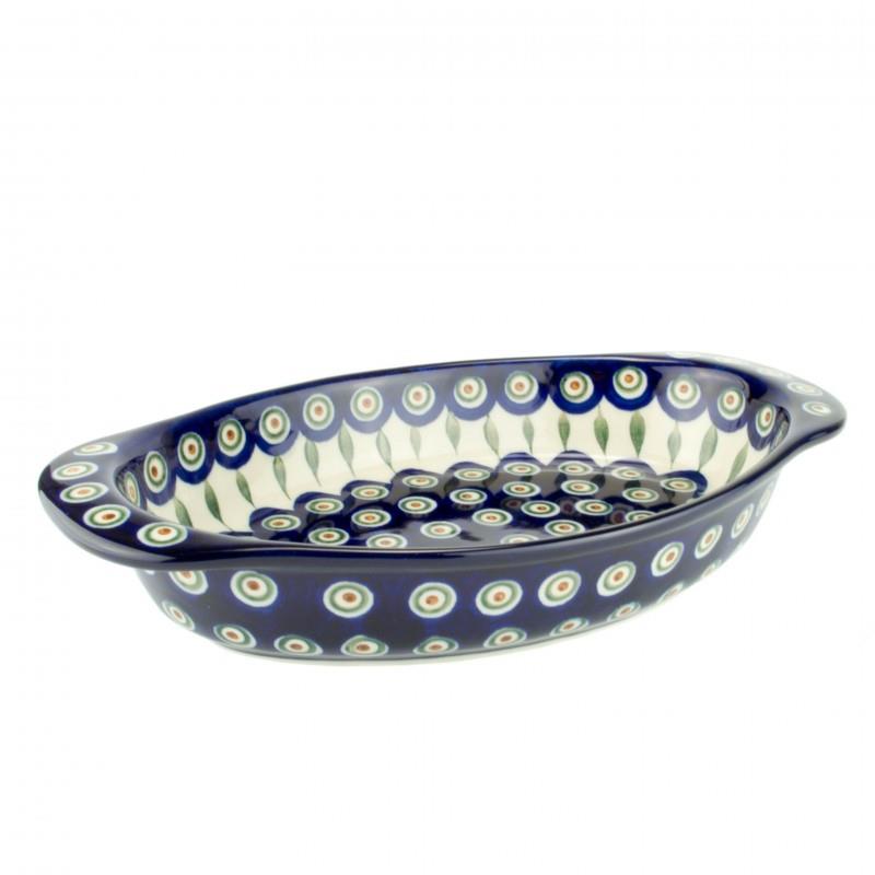 Oval Oven Dish With Handles - Green, Red & White Spots - Peacock - 32.5 x 18.5 x 5.5cms - 0719-0054X - Polish Pottery