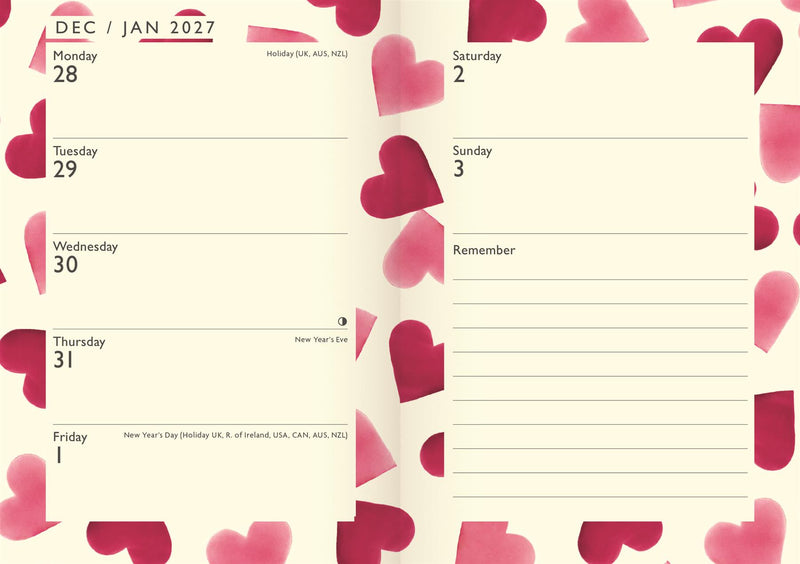Emma Bridgewater - 2026 A6 Week To View Diary - Pink Love Hearts