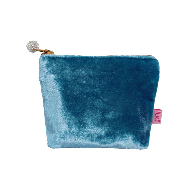 Lua - Velvet Mini Coin Purse  9 x 11cms - Denim Blue/Orange Zip