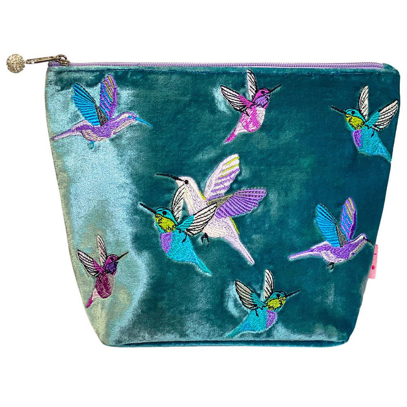 Lua - Large Velvet Cosmetic Make Up Bag/Purse - Hummingbirds - 19 x 24cms - Teal/Green