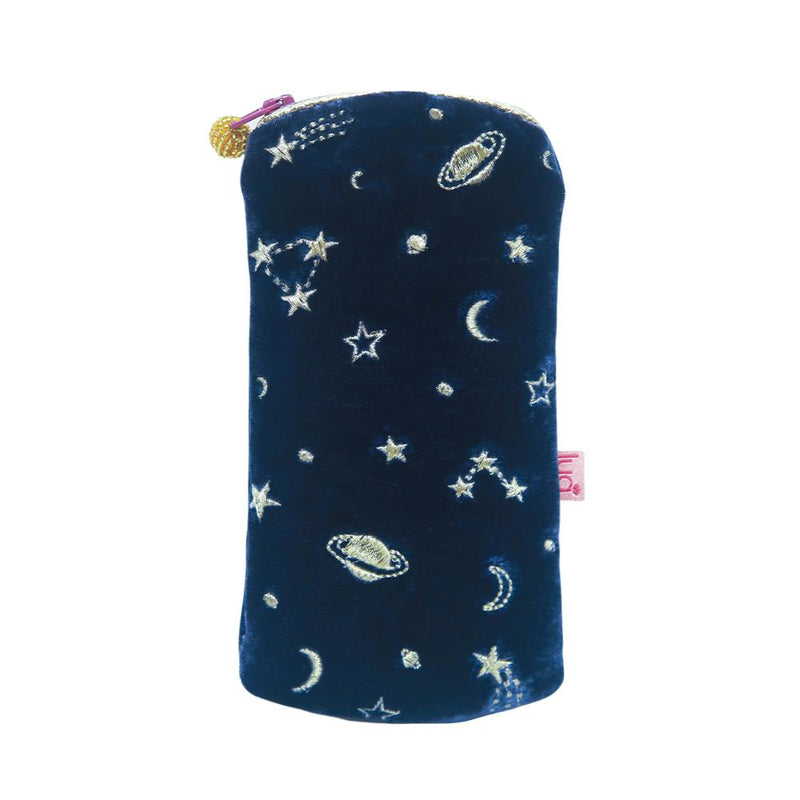 Lua - Velvet Spectacle/Glasses Case - Embroidered Moon & Stars - 10 x 20cms - Navy Blue/Gold
