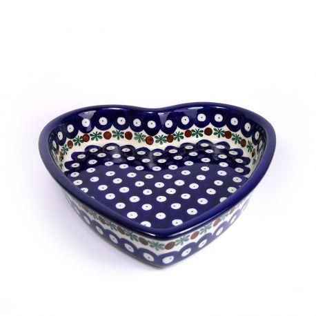 Heart Serving Dish - Flower Tendril/Blue With Red & White Spots - A49-0070X - Polish Pottery