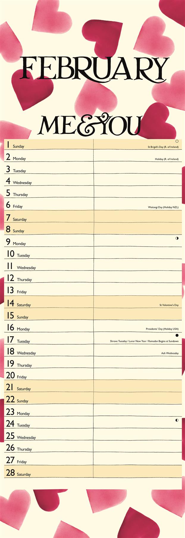 Emma Bridgewater - 2026 Couples Wall Calendar - Month To View/2 Columns - Pink Hearts