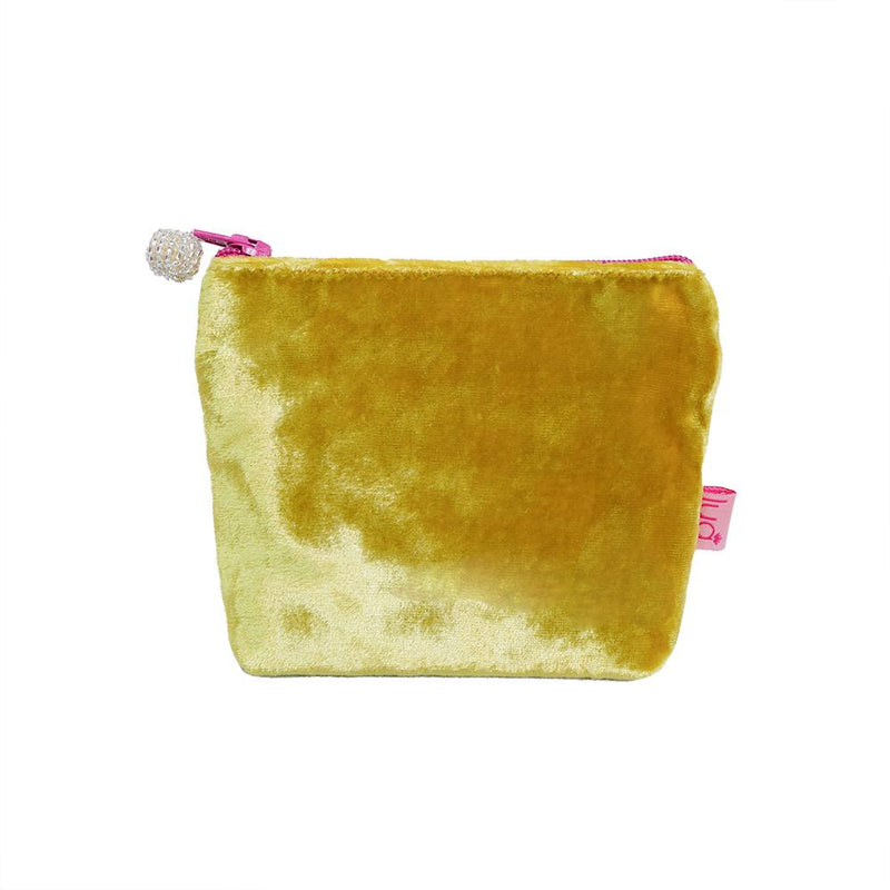 Lua - Velvet Mini Coin Purse  9 x 11cms - Mustard Yellow/Pink Zip