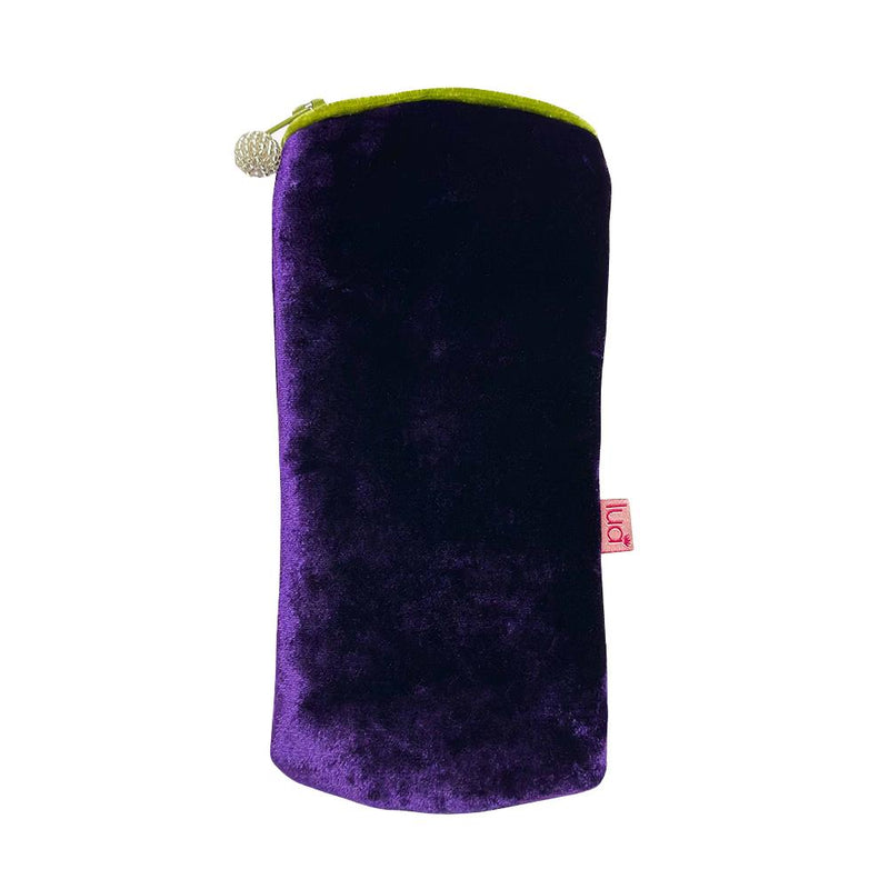 Lua - Velvet Spectacle/Glasses Case 9.5 x 19cms - Dark Purple/Green Zip