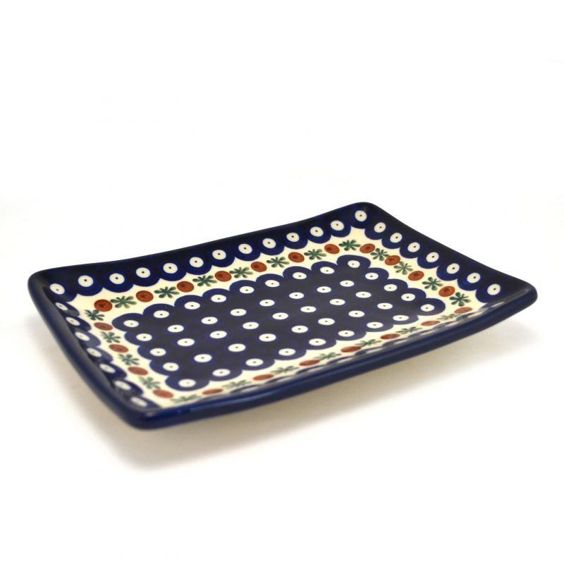 Sushi Platter - Flower Tendril/Blue With Red & White Spots - 21.5x14.5cms - C21-0070X - Polish Pottery