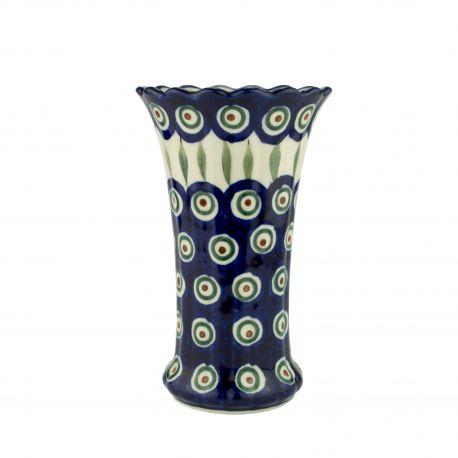 Vase - Fluted/Frilled Top - Green, Red & White Spots - Peacock - 17 x 10.5cms - 0050-0054X - Polish Pottery