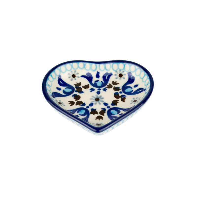 Mini Heart Dish - Blue Squares & Flowers - B64-1026X - Polish Pottery